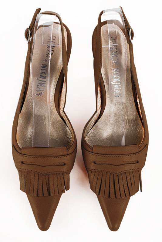 Caramel brown women's slingback shoes. Pointed toe. High spool heels. Top view - Florence KOOIJMAN